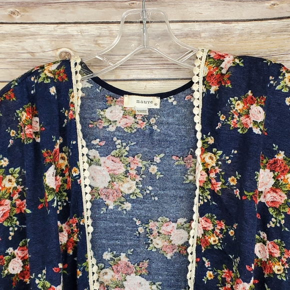 Mauve Blue Floral Print open front Kimono Cardigan - Picture 3 of 6